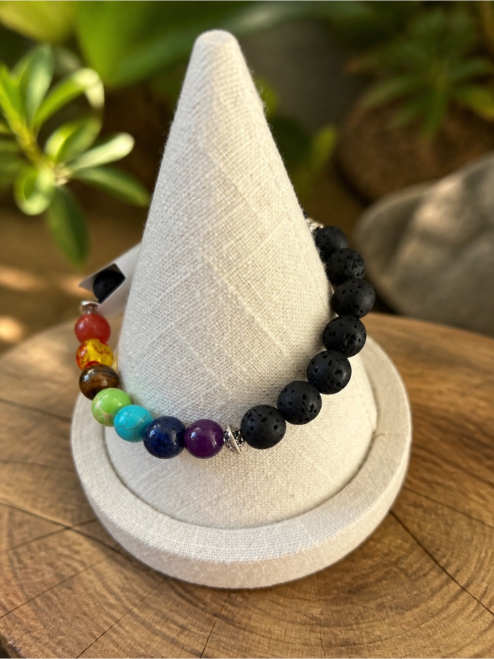 Multi-Color Chakra Beaded Bracelet with Black Lava Stones